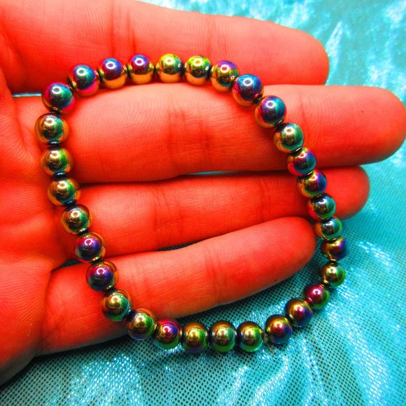 Rainbow Titanium Hematite 6mm Round 7" Stretchy Gemstone Jewelry - Picture 1 of 3